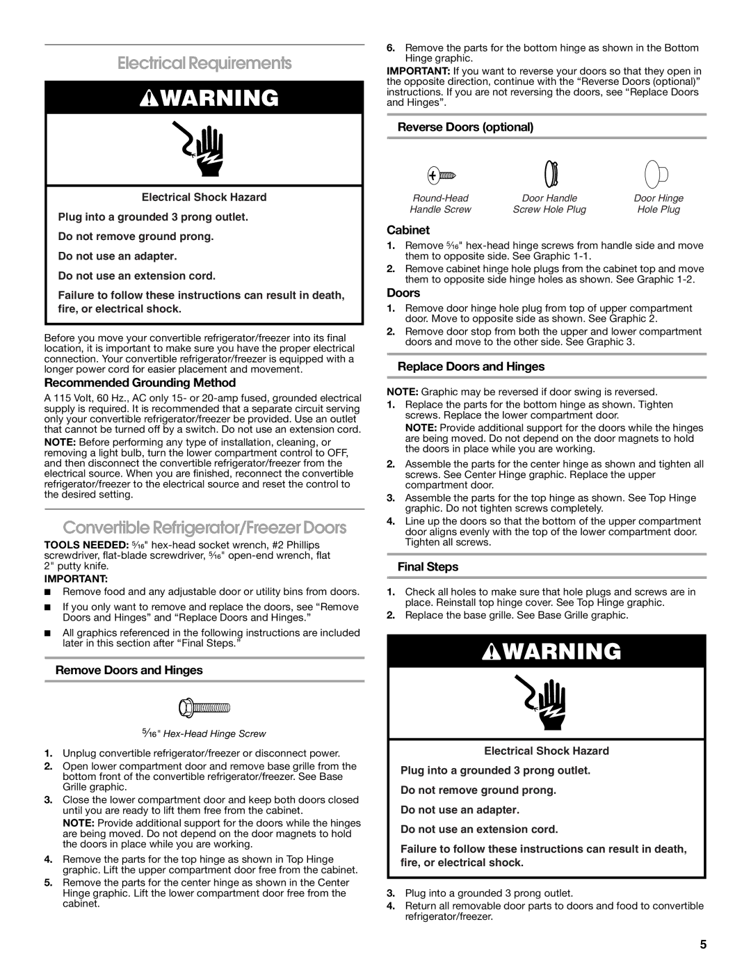 Whirlpool 2314466 manual Electrical Requirements, Convertible Refrigerator/Freezer Doors 