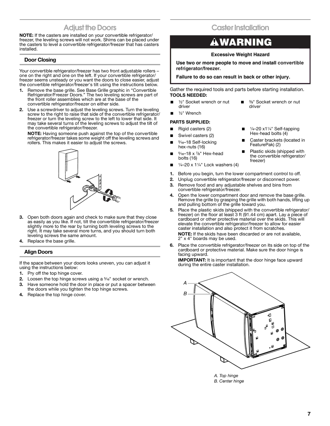 Whirlpool 2314466 manual Adjust the Doors, Caster Installation, Door Closing, Align Doors 