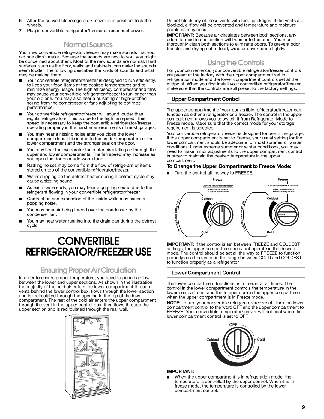 Whirlpool 2314466 manual Convertible, Normal Sounds, Ensuring Proper Air Circulation, Using the Controls 