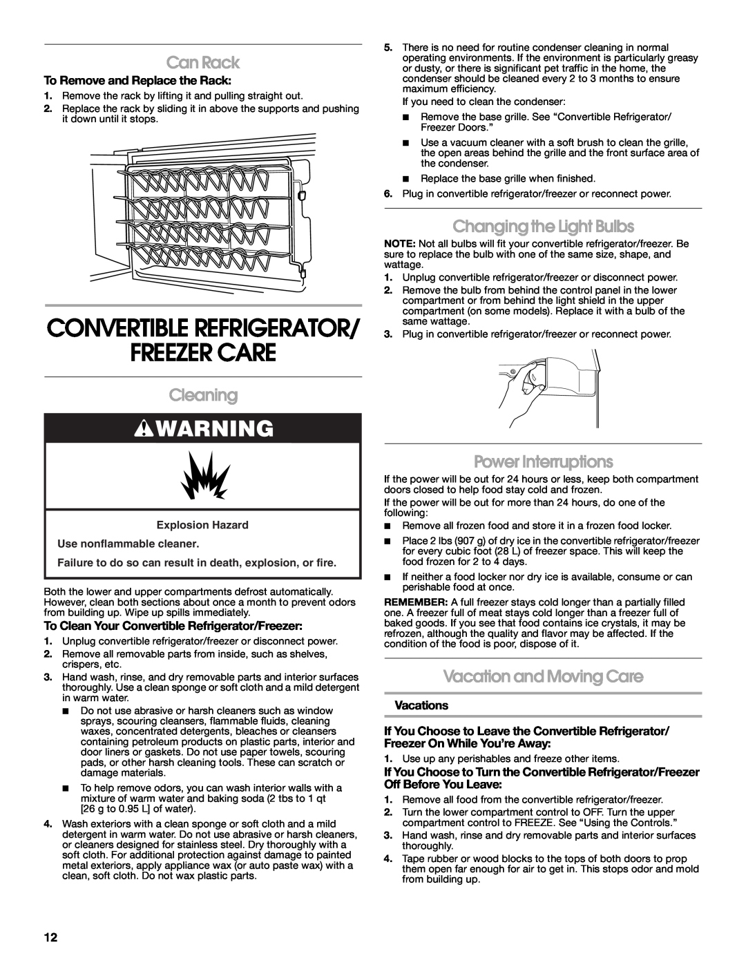 Whirlpool 2314466 manual Freezer Care, Convertible Refrigerator, Can Rack, Cleaning, Changing the Light Bulbs, Vacations 