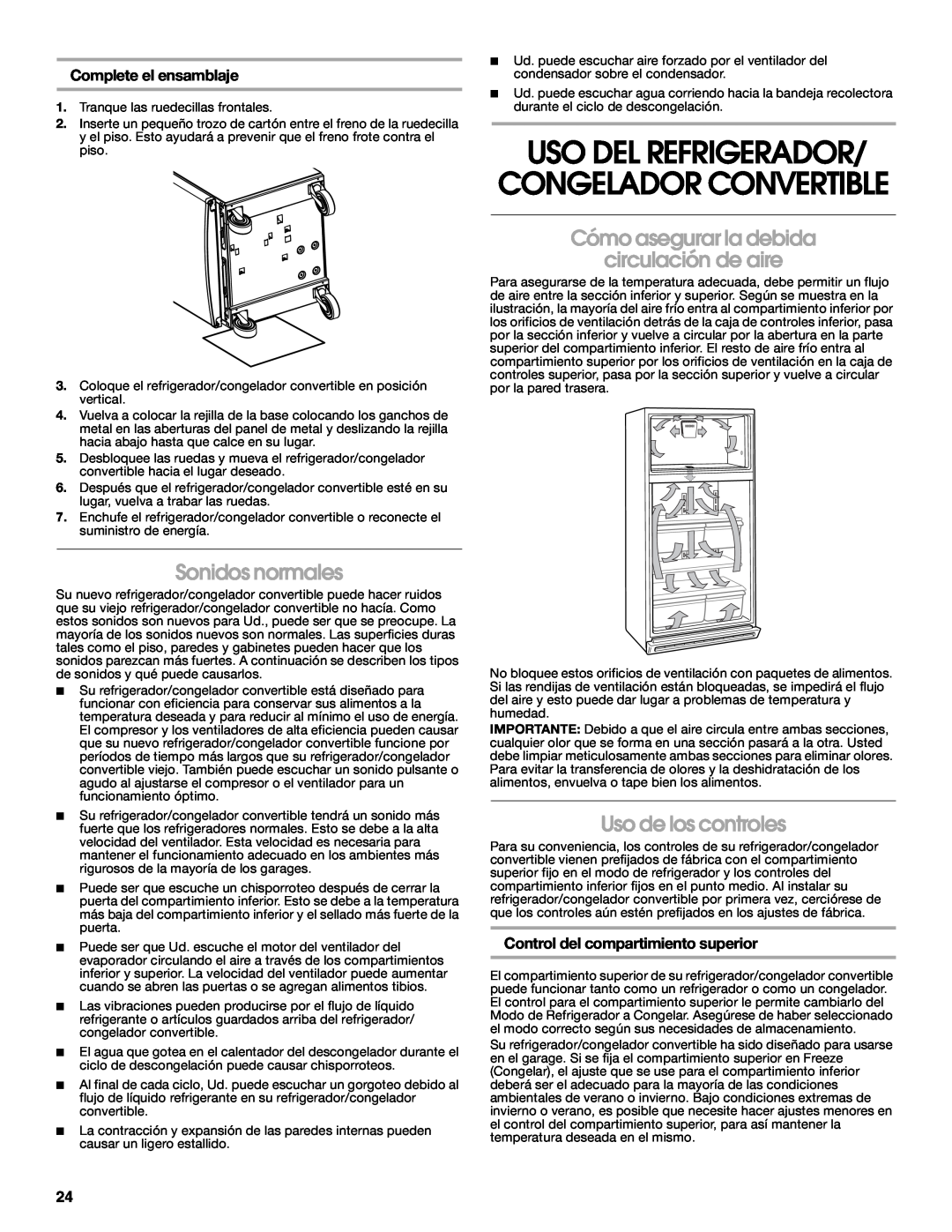 Whirlpool 2314466 manual Uso Del Refrigerador/ Congelador Convertible, Sonidos normales, Uso de los controles 