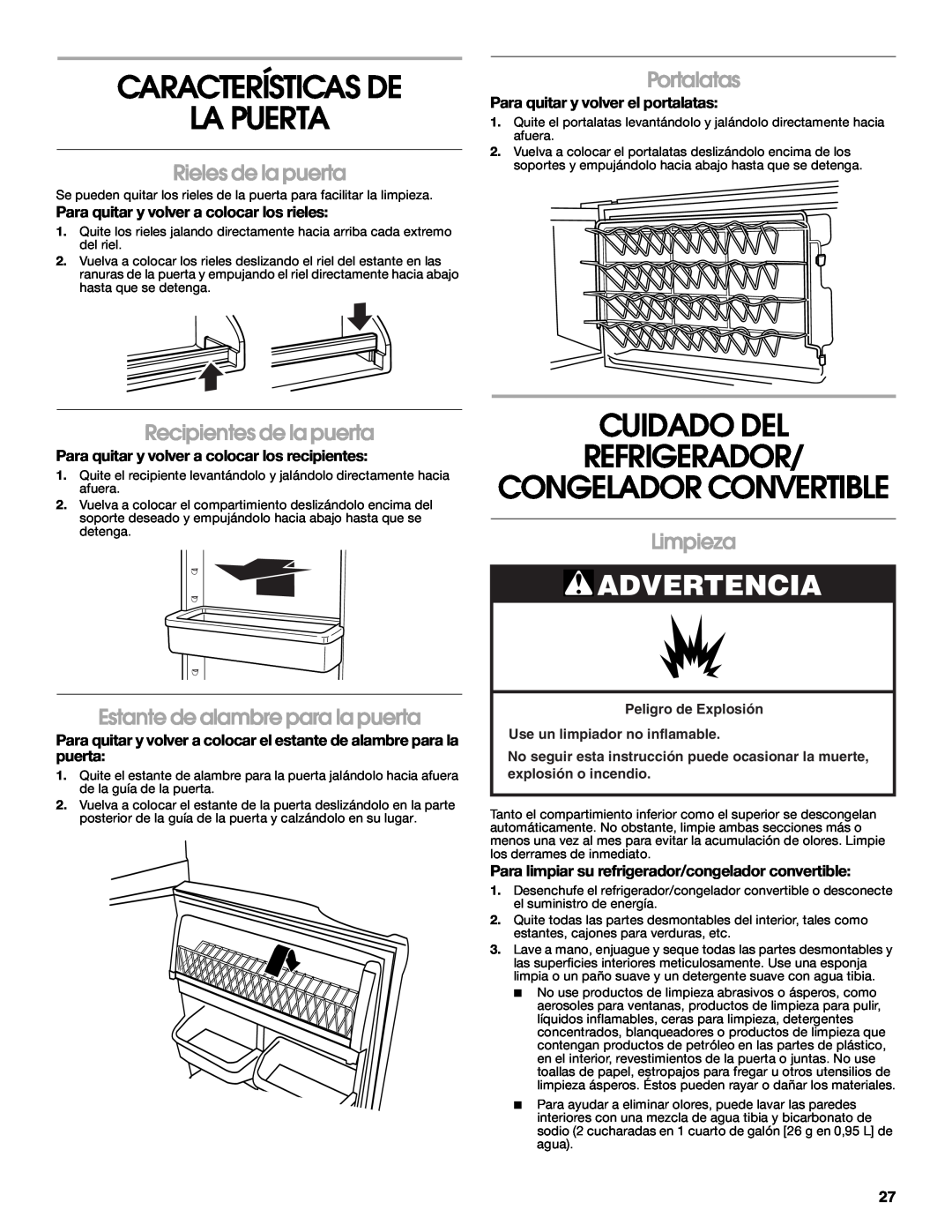 Whirlpool 2314466 Características De La Puerta, Cuidado Del Refrigerador, Congelador Convertible, Rieles de la puerta 