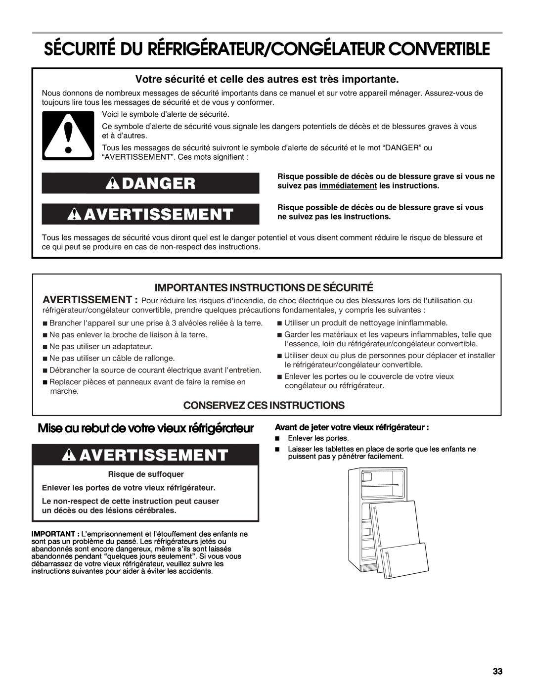 Whirlpool 2314466 Sécurité Du Réfrigérateur/Congélateur Convertible, Danger Avertissement, Conservez Ces Instructions 