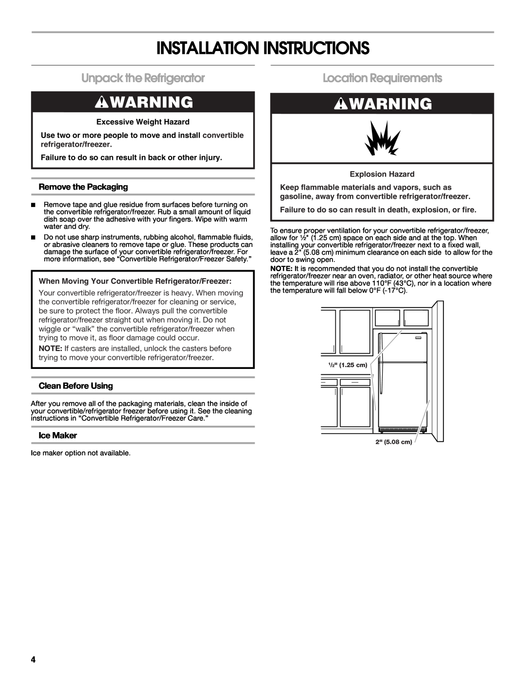 Whirlpool 2314466 manual Installation Instructions, Unpack the Refrigerator, Location Requirements, Remove the Packaging 