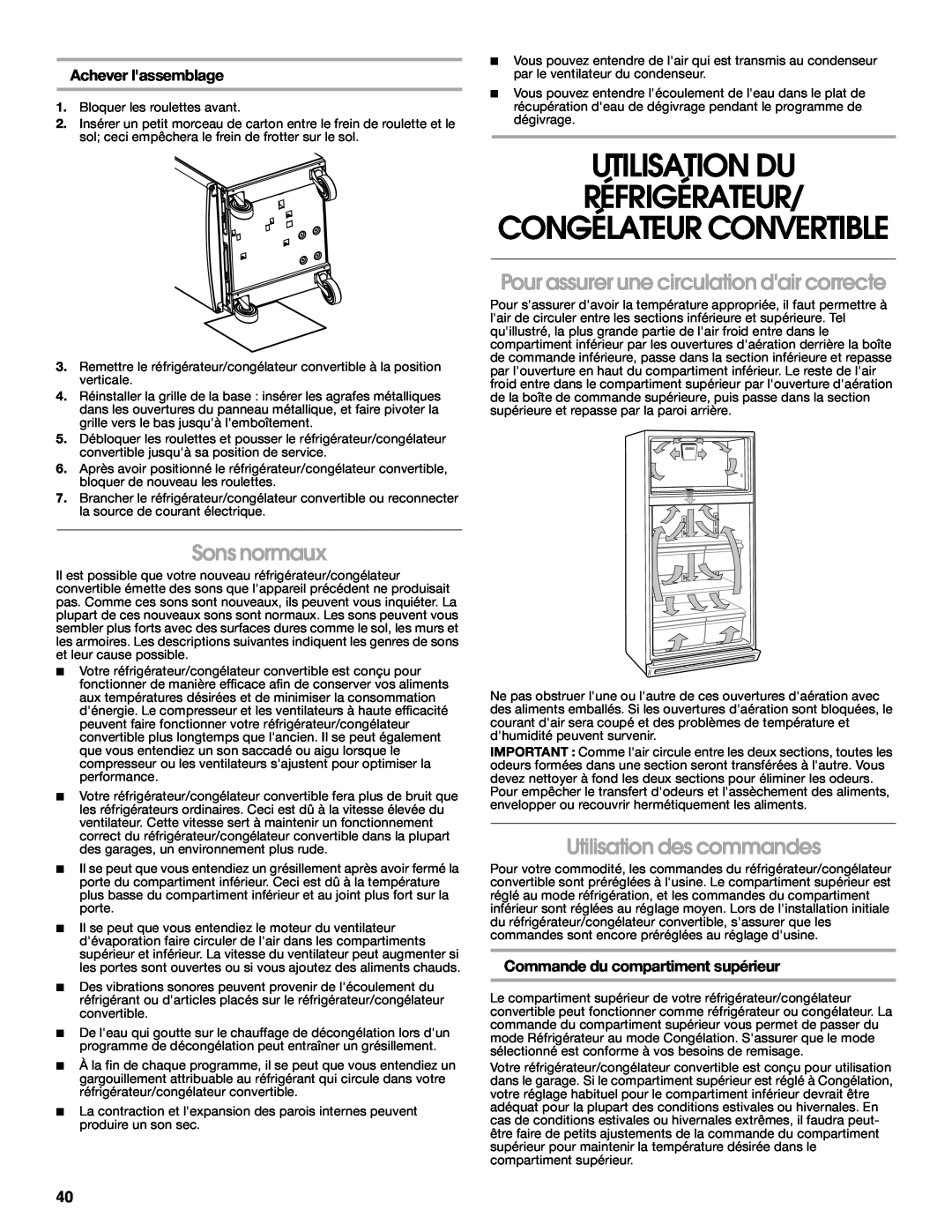 Whirlpool 2314466 manual Utilisation Du Réfrigérateur, Congélateur Convertible, Sons normaux, Utilisation des commandes 