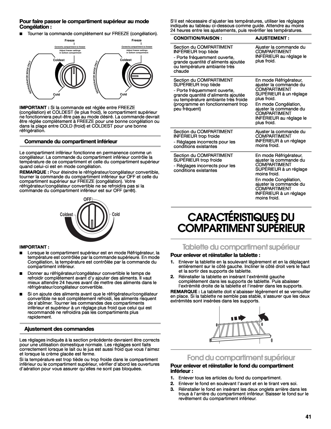 Whirlpool 2314466 manual Caractéristiques Du, Compartiment Supérieur, Tablette du compartiment supérieur, OFF ColdestCold 