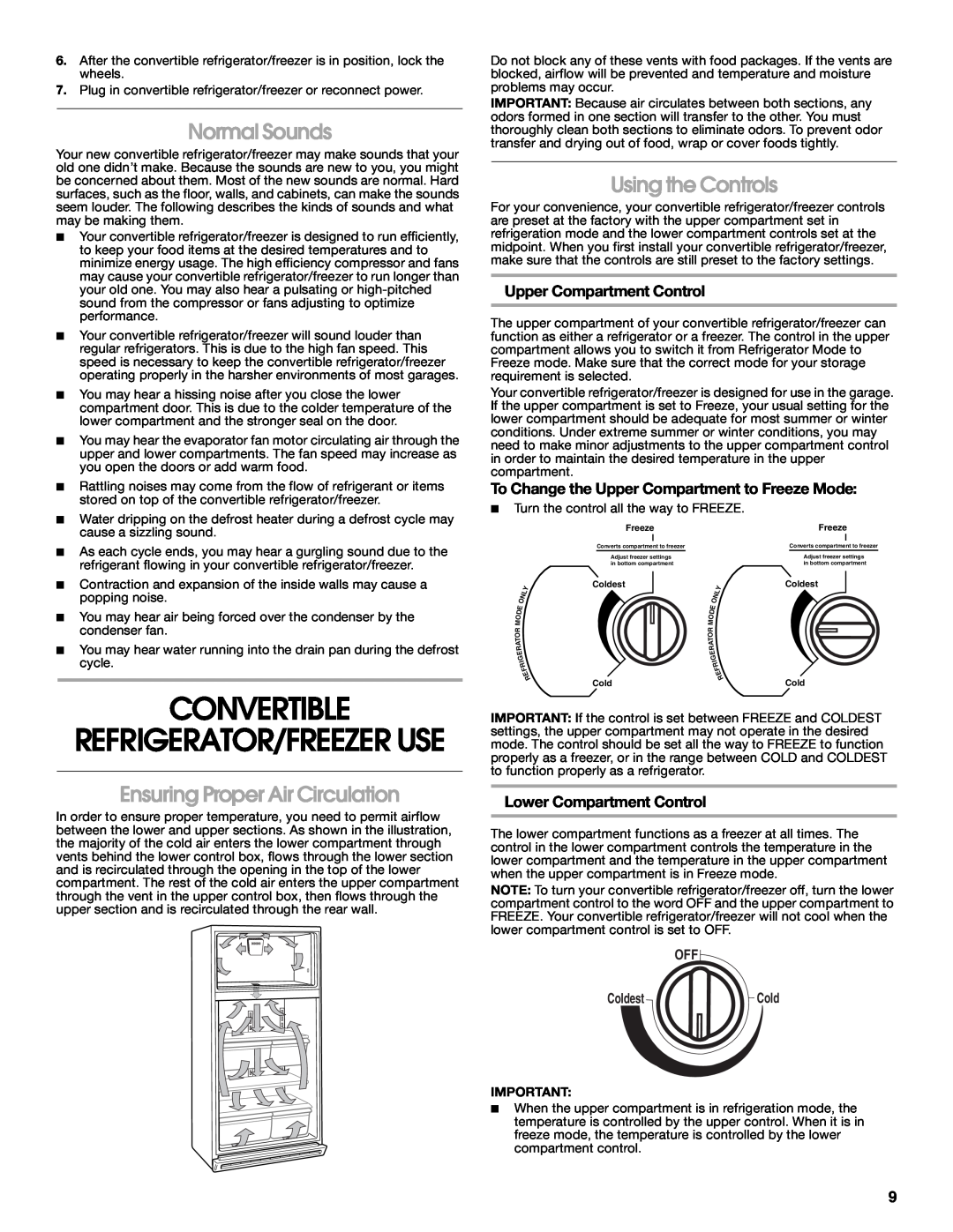 Whirlpool 2314466 Convertible, Refrigerator/Freezer Use, Normal Sounds, Ensuring Proper Air Circulation, OFF ColdestCold 