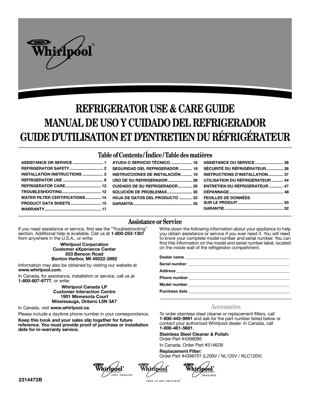 Whirlpool 2314473B warranty Refrigerator USE & Care Guide, Accessories 