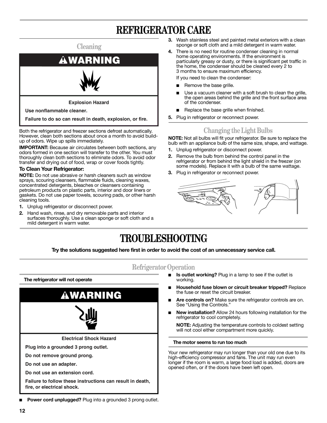 Whirlpool 2314473B warranty Refrigerator Care, Troubleshooting, Cleaning, Changing theLightBulbs, RefrigeratorOperation 