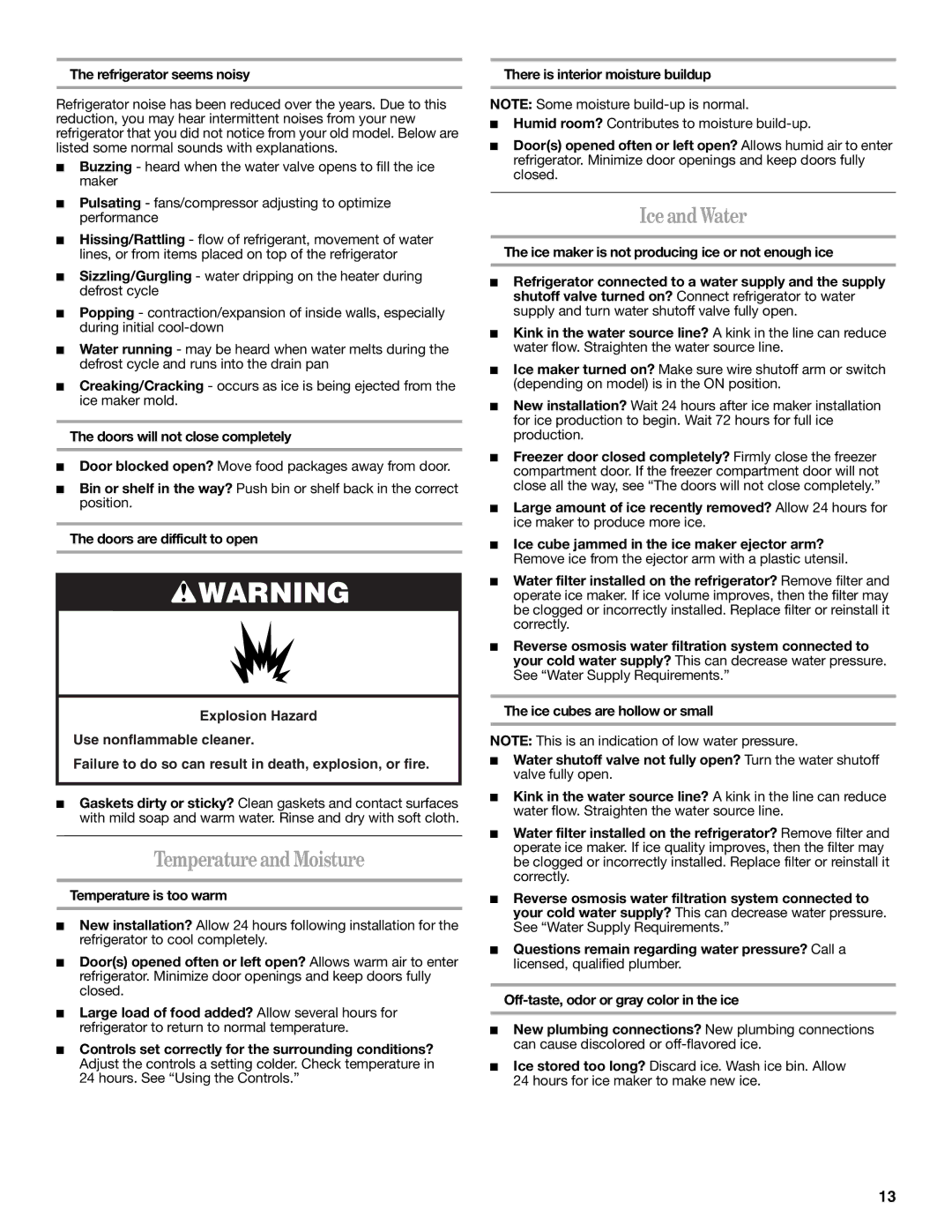 Whirlpool 2314473B warranty TemperatureandMoisture, IceandWater, Refrigerator seems noisy, Doors will not close completely 