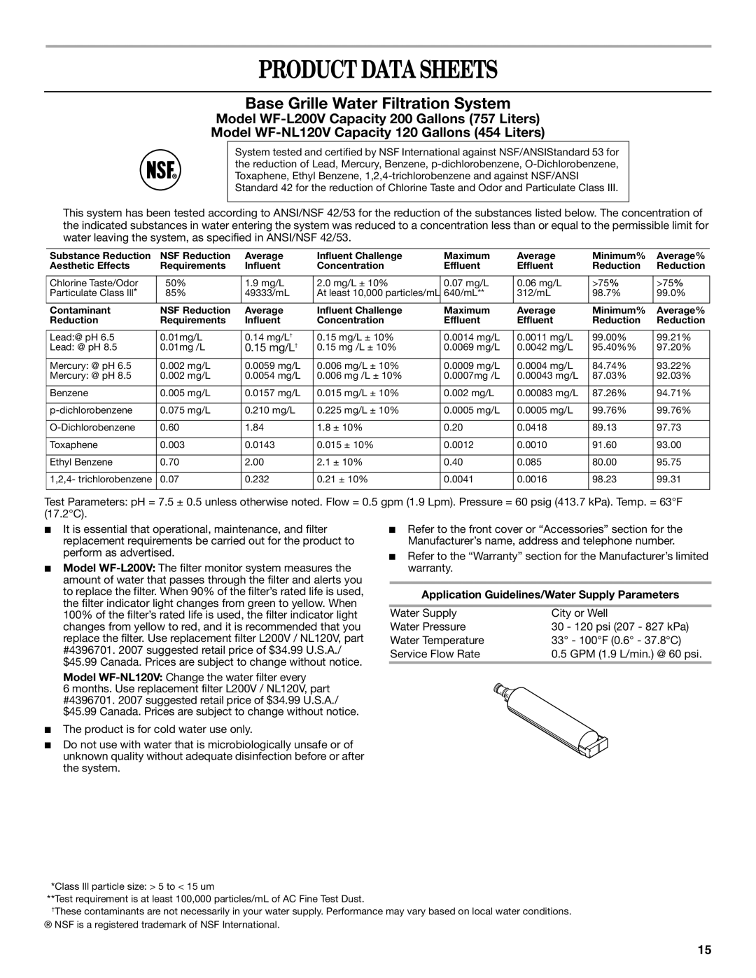 Whirlpool 2314473B warranty Product Data Sheets, 15 mg/L †, Model WF-NL120VChange the water filter every 