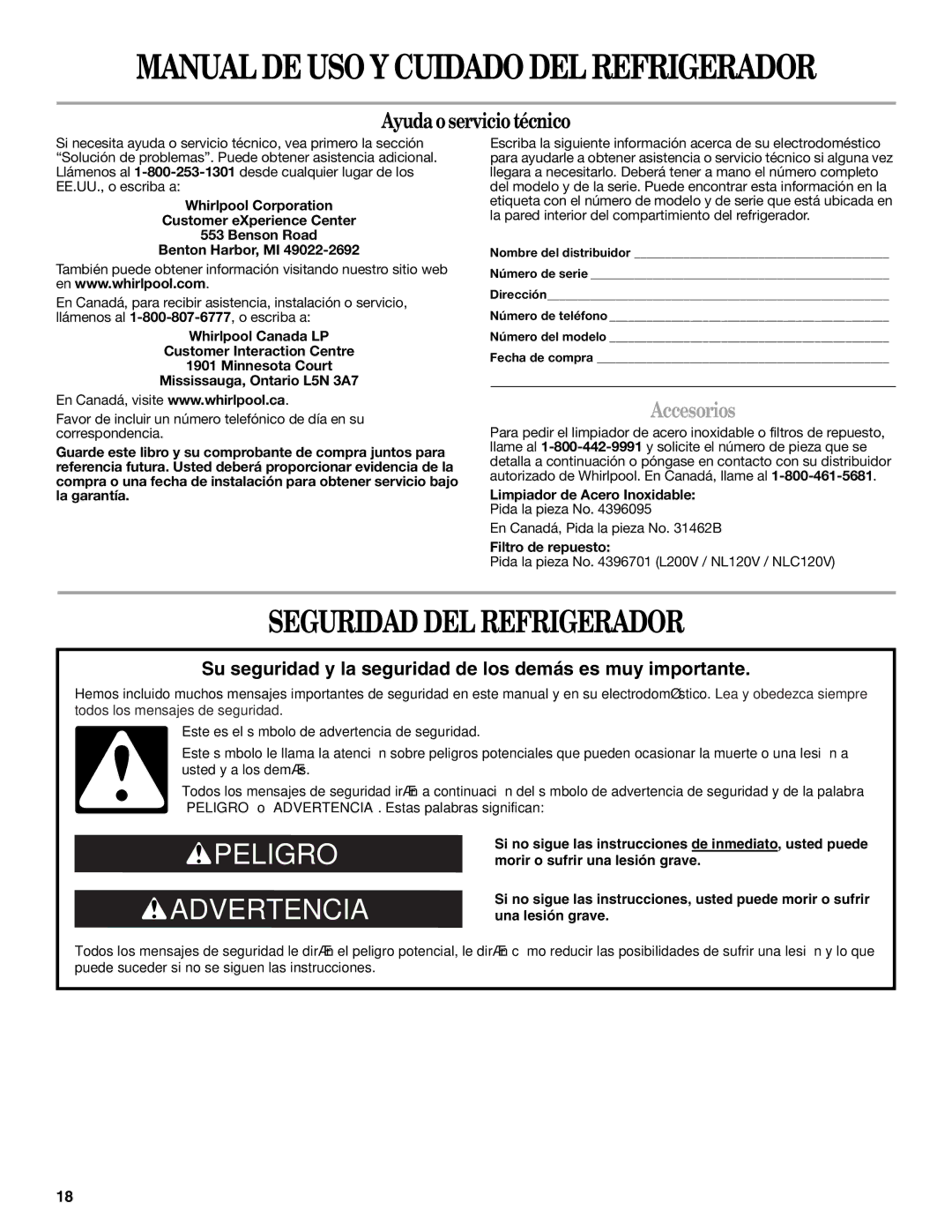 Whirlpool 2314473B warranty Seguridad DEL Refrigerador, Accesorios, Limpiador de Acero Inoxidable, Filtro de repuesto 