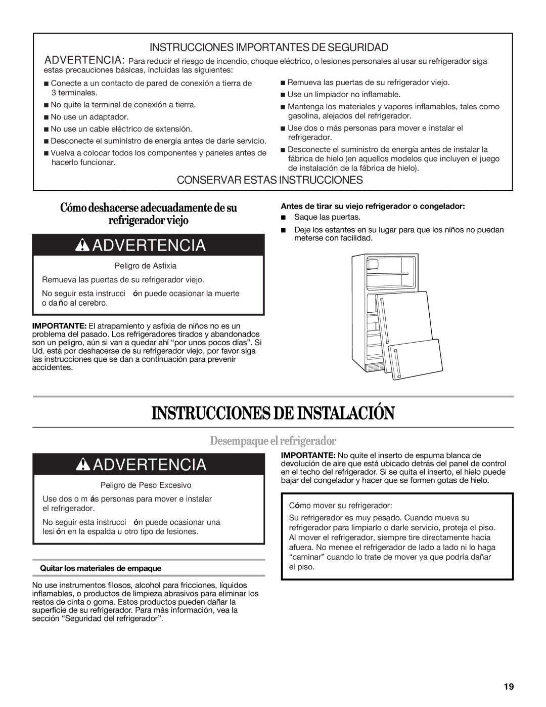 Whirlpool 2314473B warranty Instrucciones DE Instalación, Desempaqueel refrigerador 