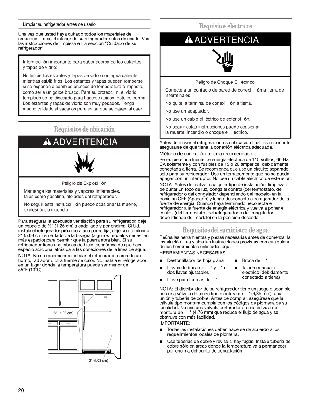 Whirlpool 2314473B warranty Requisitos deubicación, Requisitoseléctricos, Requisitosdelsuministro de agua 