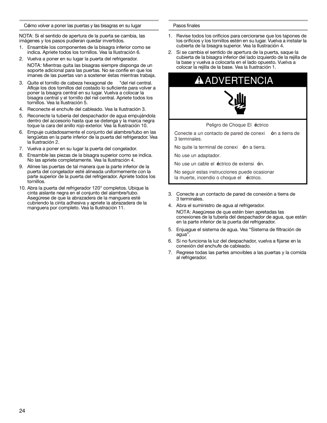 Whirlpool 2314473B warranty Cómo volver a poner las puertas y las bisagras en su lugar, Pasos finales 