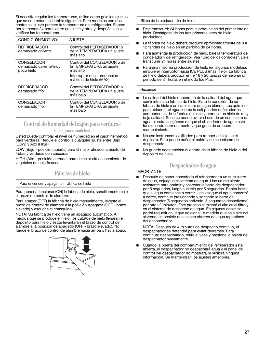 Whirlpool 2314473B warranty Fábricadehielo, Despachadordeagua, CONDICIÓN/MOTIVO Ajuste 