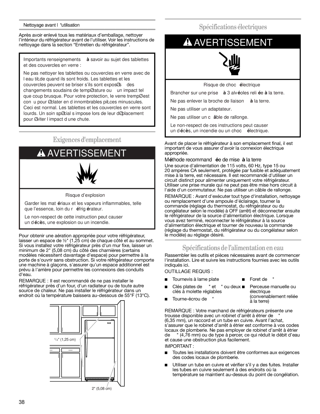 Whirlpool 2314473B warranty Exigences demplacement, Spécifications électriques, Spécifications del’alimentationen eau 