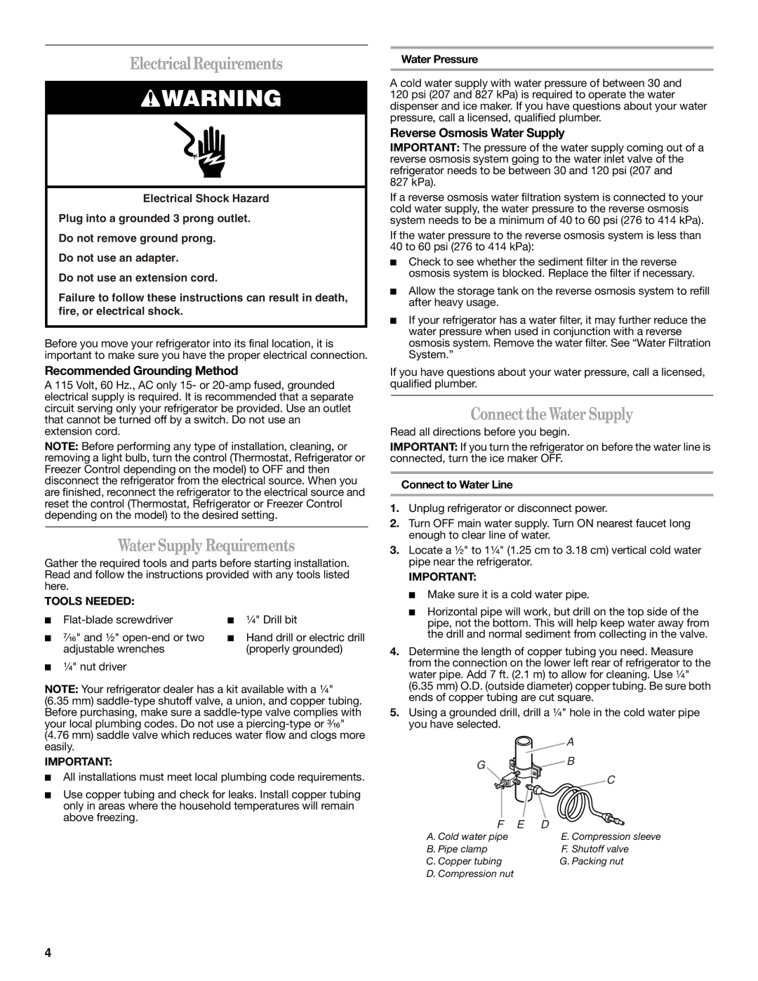 Whirlpool 2314473B warranty Electrical Requirements, Water Supply Requirements, ConnecttheWater Supply 