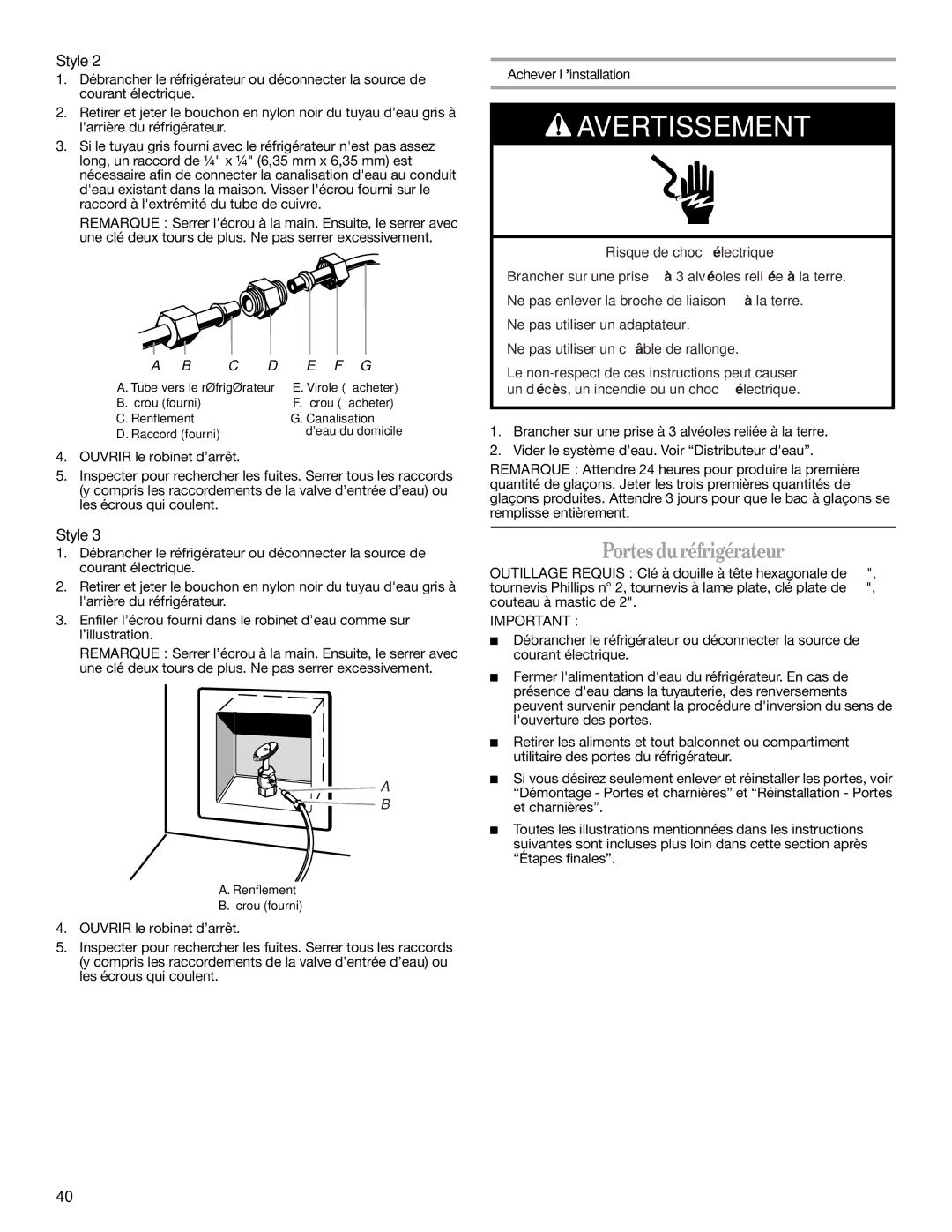 Whirlpool 2314473B warranty Portes duréfrigérateur, Achever l’installation 