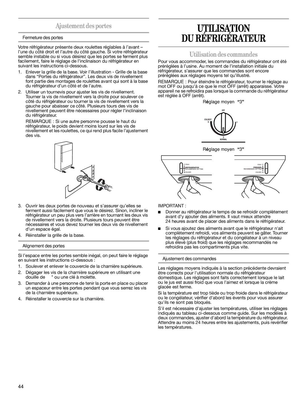 Whirlpool 2314473B warranty Utilisation DU Réfrigérateur, Ajustementdesportes, Utilisationdes commandes 