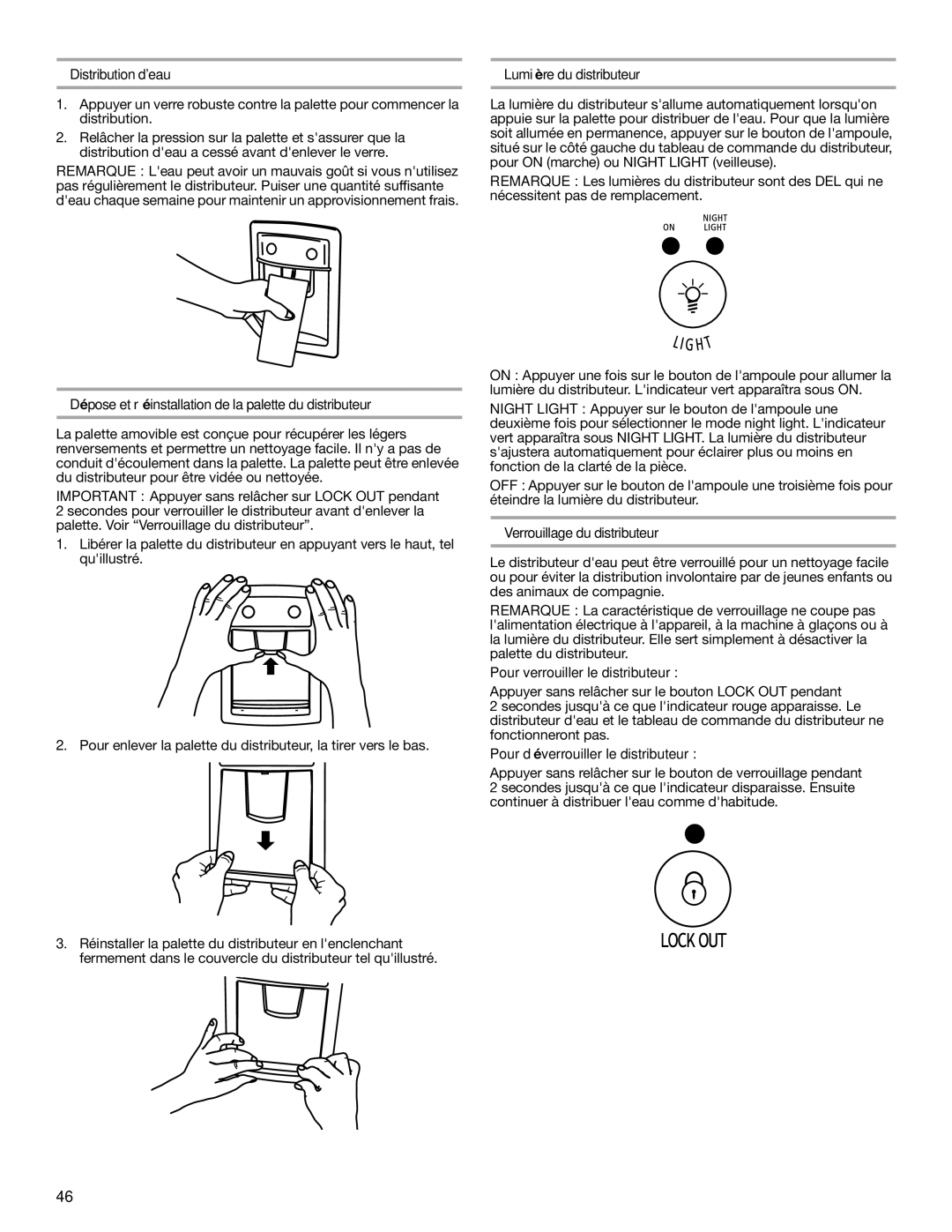 Whirlpool 2314473B Distribution deau, Dépose et réinstallation de la palette du distributeur, Lumière du distributeur 