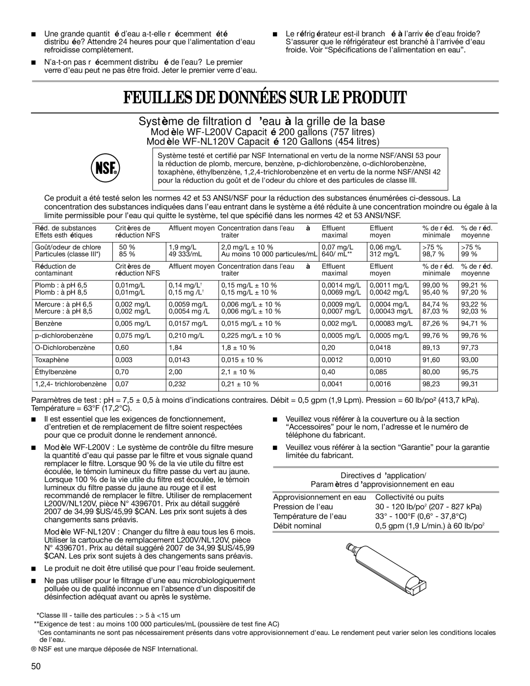 Whirlpool 2314473B warranty Feuilles DE Données SUR LE Produit, Système de filtration d’eau à la grille de la base 