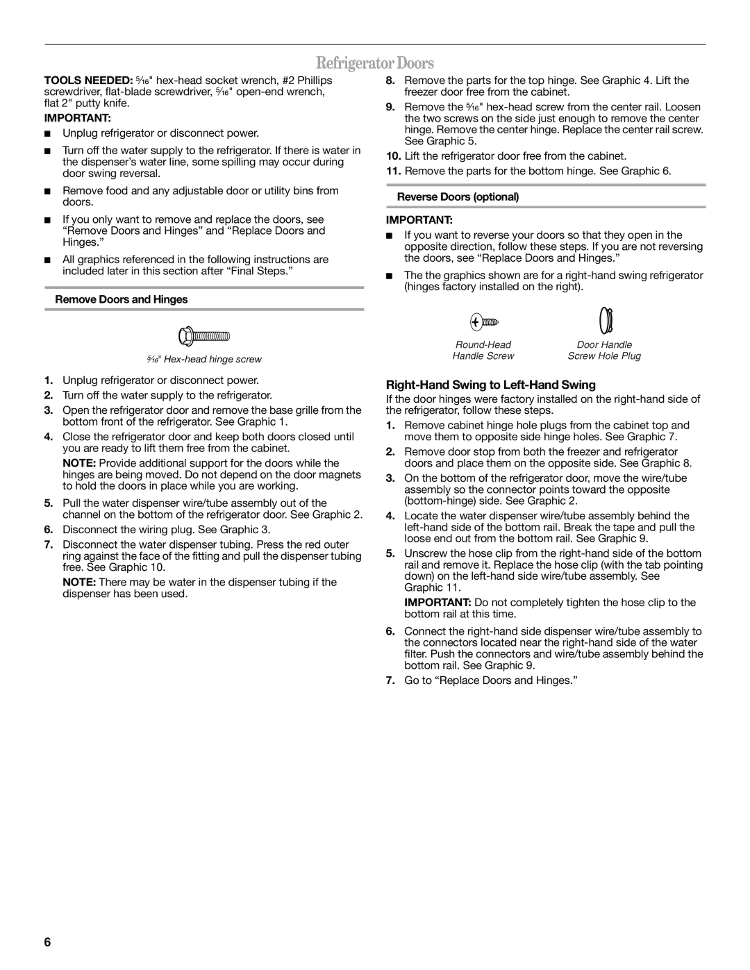 Whirlpool 2314473B warranty Refrigerator Doors, Right-Hand Swing to Left-Hand Swing, Remove Doors and Hinges 