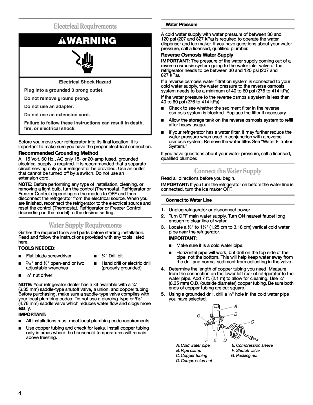 Whirlpool 2314473B warranty Electrical Requirements, Water Supply Requirements, ConnecttheWater Supply, Tools Needed 