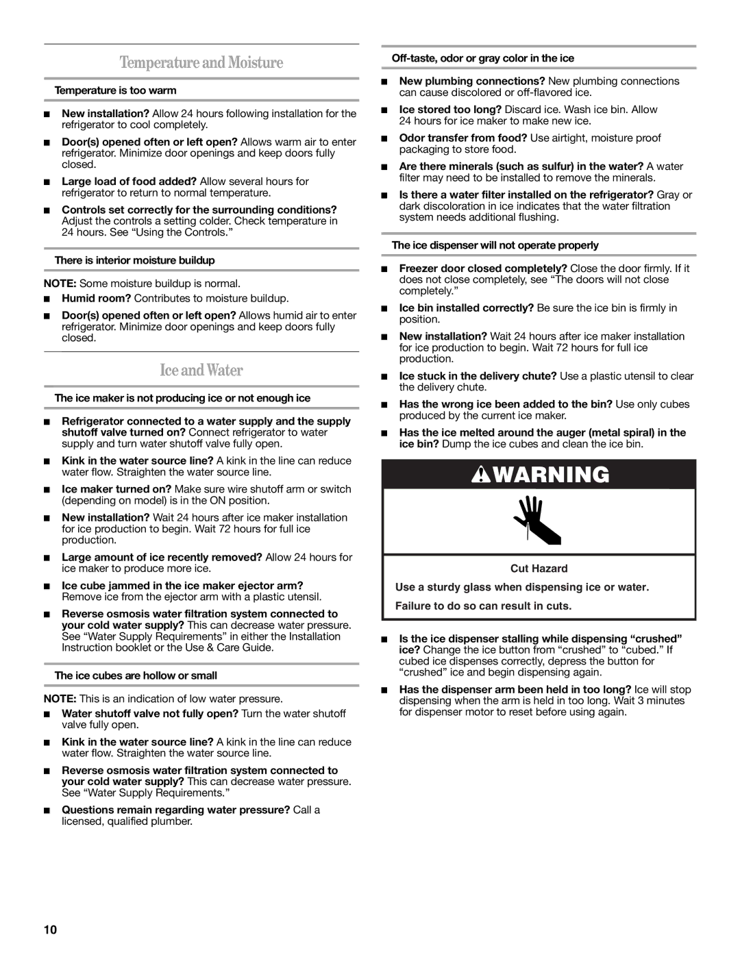 Whirlpool 2315209 warranty TemperatureandMoisture, IceandWater, Temperature is too warm 