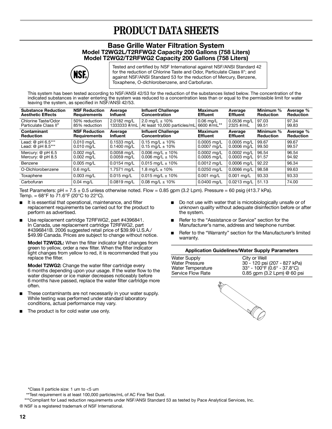 Whirlpool 2315209 warranty Product Data Sheets, Application Guidelines/Water Supply Parameters 