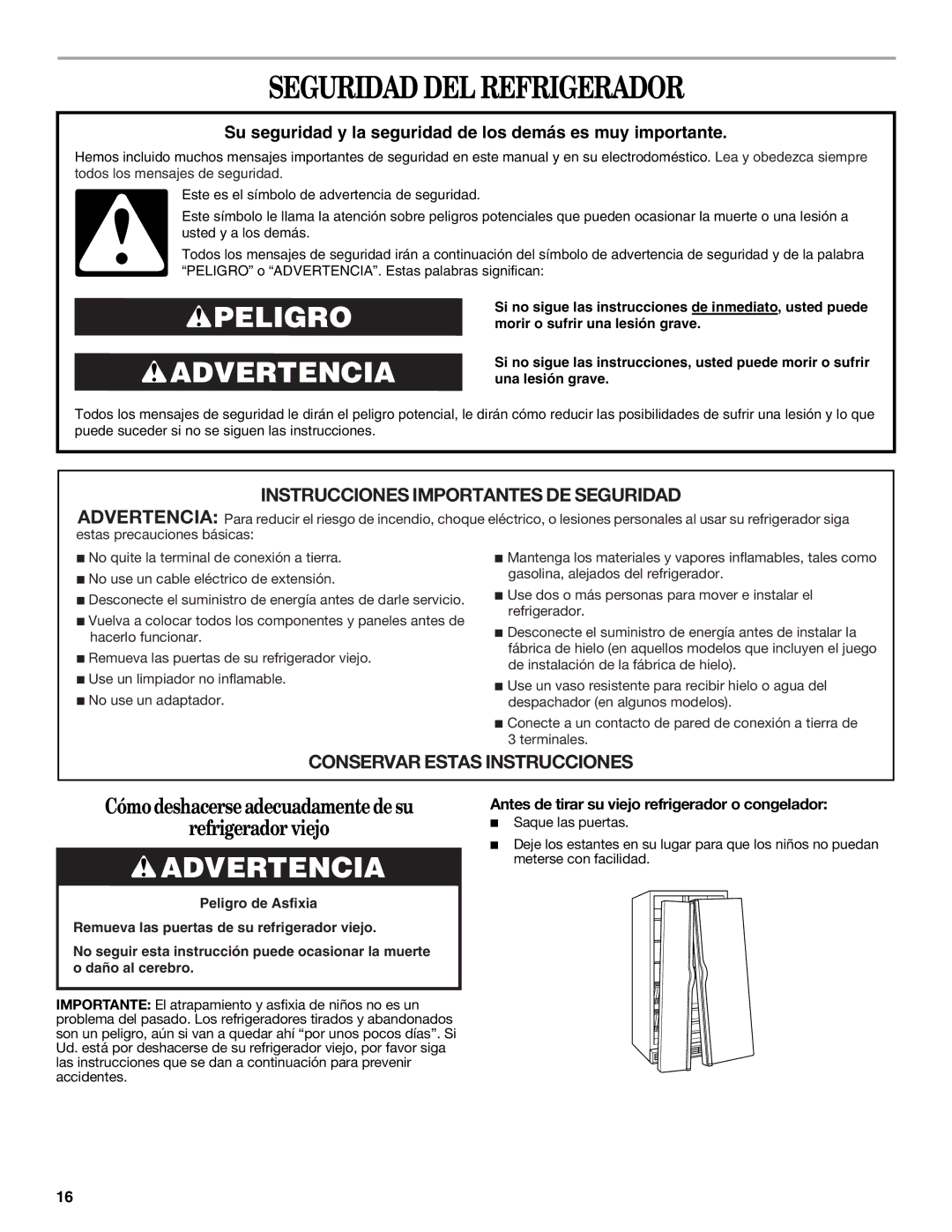 Whirlpool 2315209 warranty Seguridad DEL Refrigerador, Antes de tirar su viejo refrigerador o congelador 