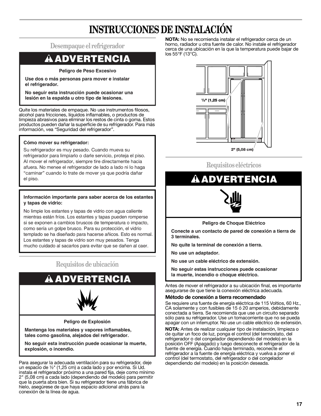 Whirlpool 2315209 Instrucciones DE Instalación, Desempaqueelrefrigerador, Requisitos deubicación, Requisitoseléctricos 