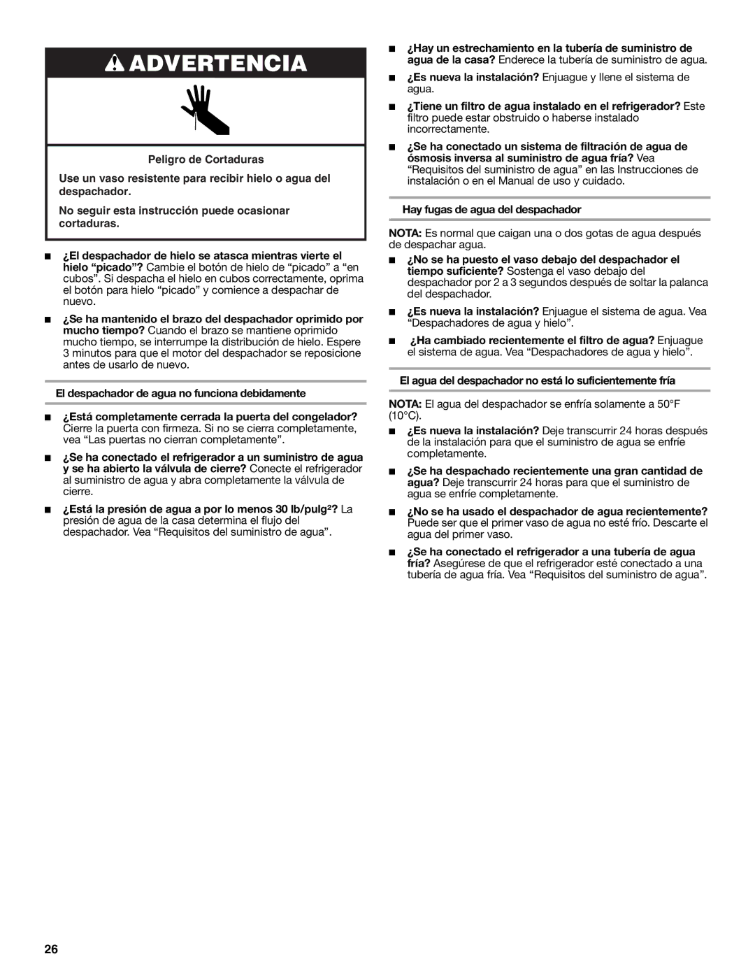 Whirlpool 2315209 warranty Nota El agua del despachador se enfría solamente a 50F 10C 