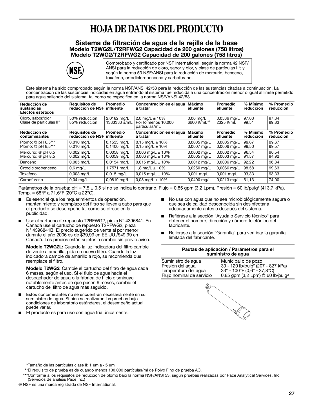 Whirlpool 2315209 warranty Hoja DE Datos DEL Producto, Pautas de aplicación / Parámetros para el Suministro de agua 