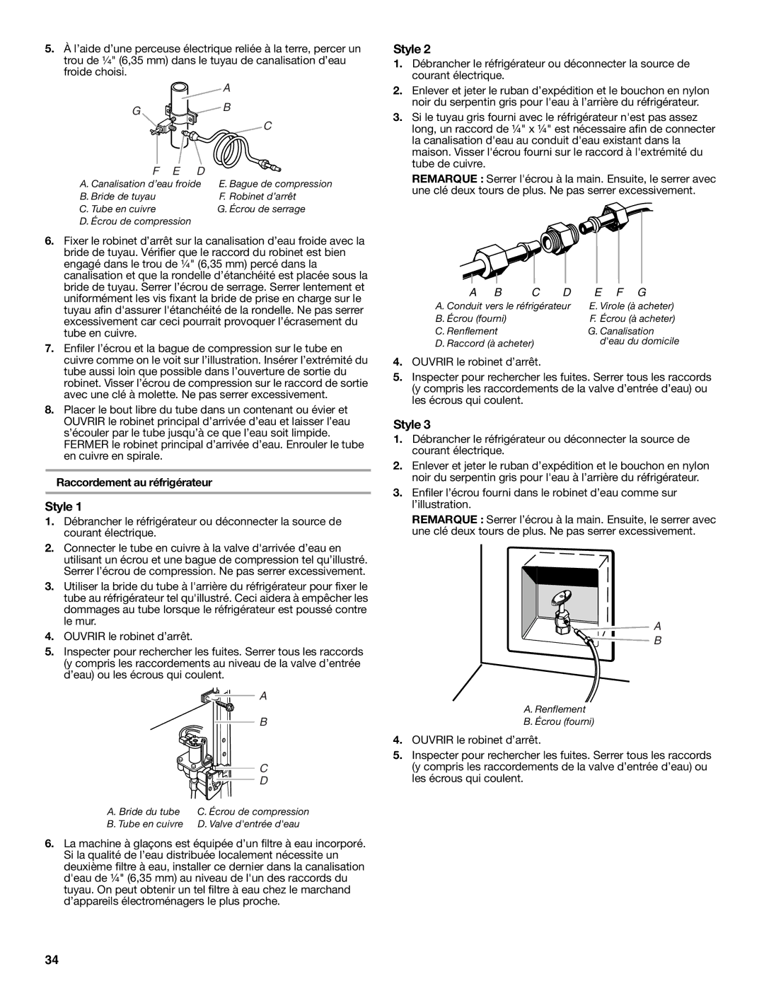 Whirlpool 2315209 warranty Raccordement au réfrigérateur, Tube en cuivre Valve dentrée deau 