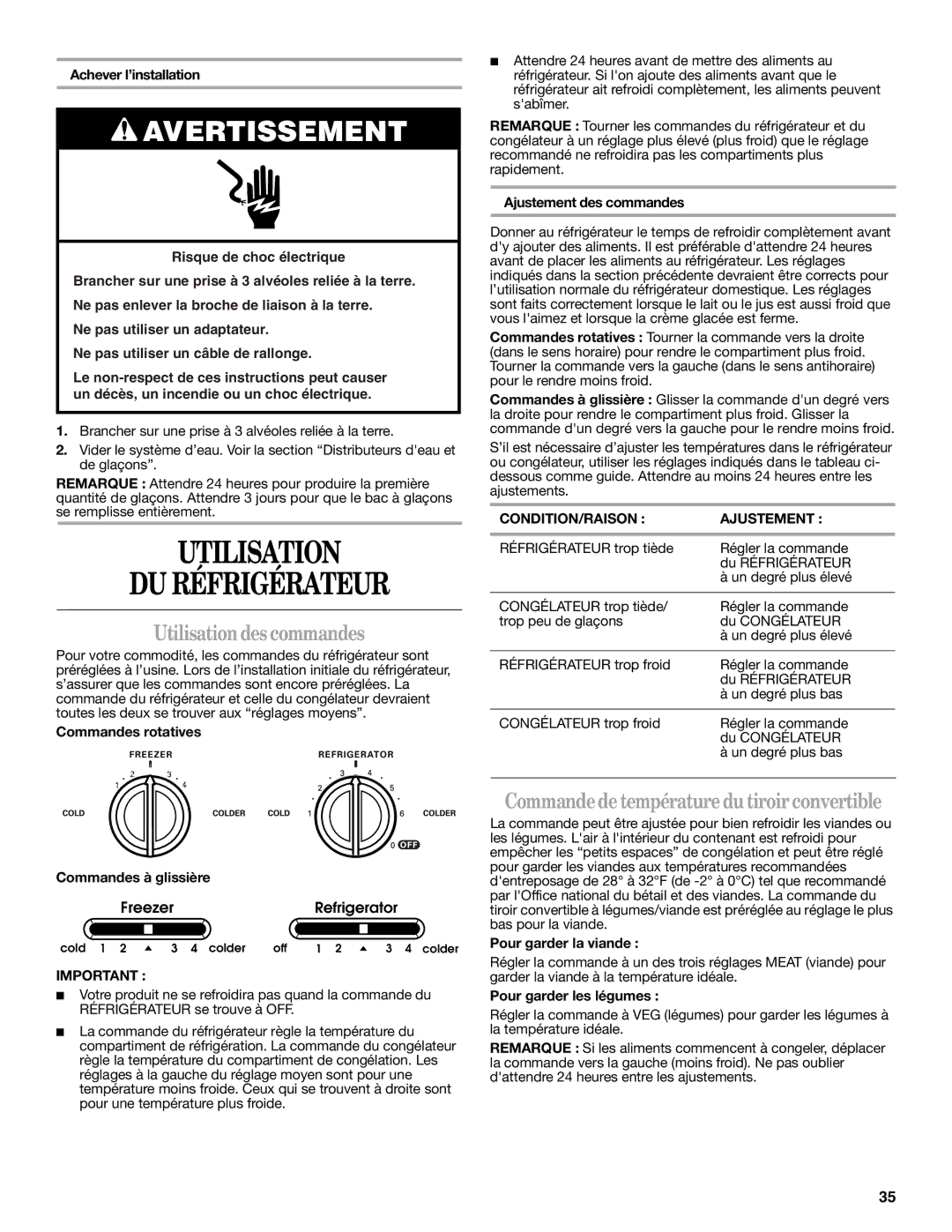 Whirlpool 2315209 warranty Utilisation DU Réfrigérateur, Utilisationdes commandes, Commandedetempératuredutiroirconvertible 