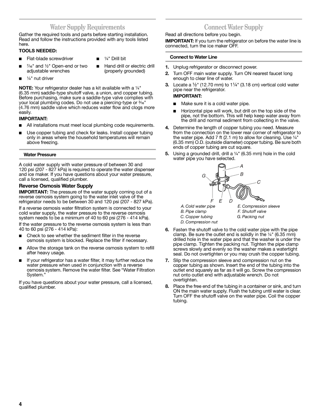 Whirlpool 2315209 warranty Water Supply Requirements, ConnectWater Supply, Reverse Osmosis Water Supply, Tools Needed 