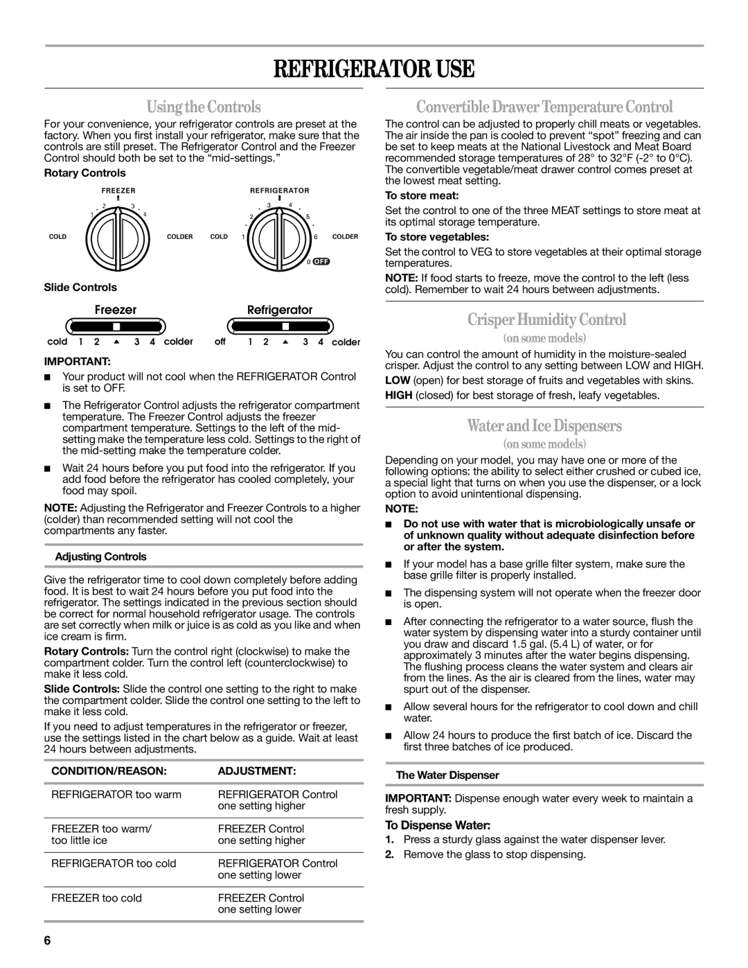 Whirlpool 2315209 warranty Refrigerator USE, UsingtheControls, ConvertibleDrawerTemperatureControl, Crisper HumidityControl 