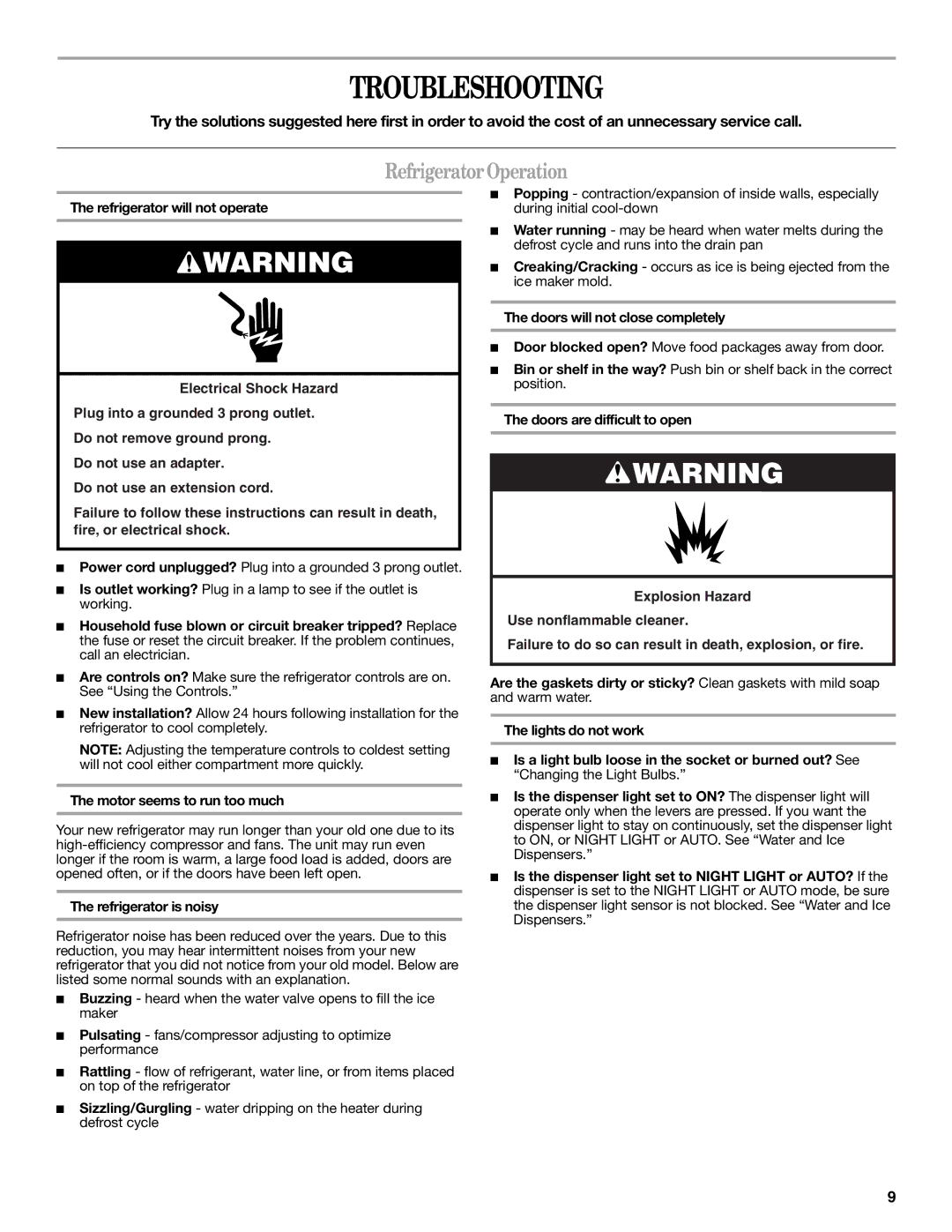 Whirlpool 2315209 warranty Troubleshooting, RefrigeratorOperation, Motor seems to run too much, Refrigerator is noisy 