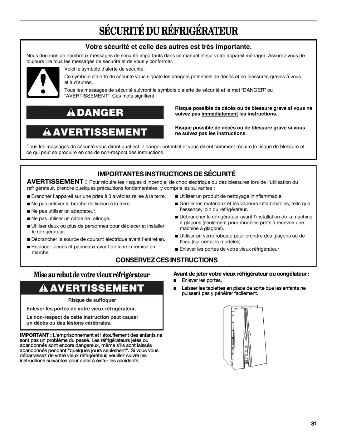 Whirlpool 2315209 warranty Sécurité Du Réfrigérateur, Danger Avertissement, Miseau rebutdevotrevieuxréfrigérateur 