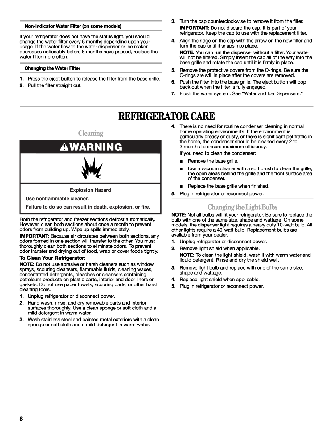 Whirlpool 2315209 warranty Refrigerator Care, Cleaning, Changing theLightBulbs, To Clean Your Refrigerator 