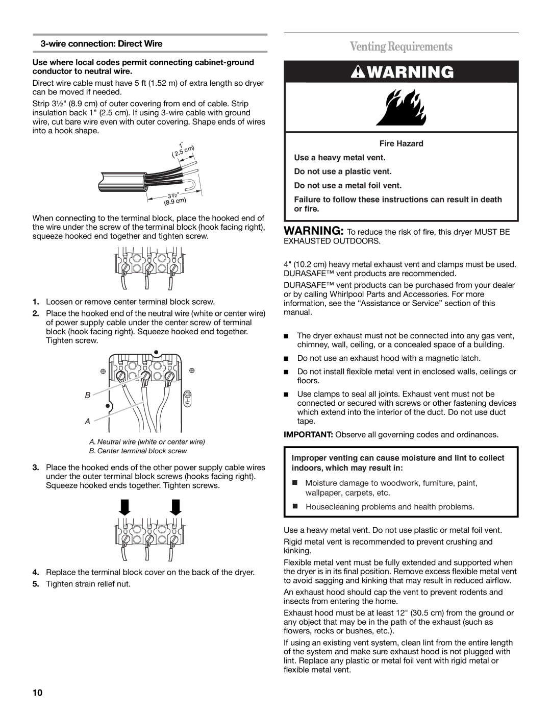 Whirlpool 240-VOLT ELECTRIC DRYER manual VentingRequirements 