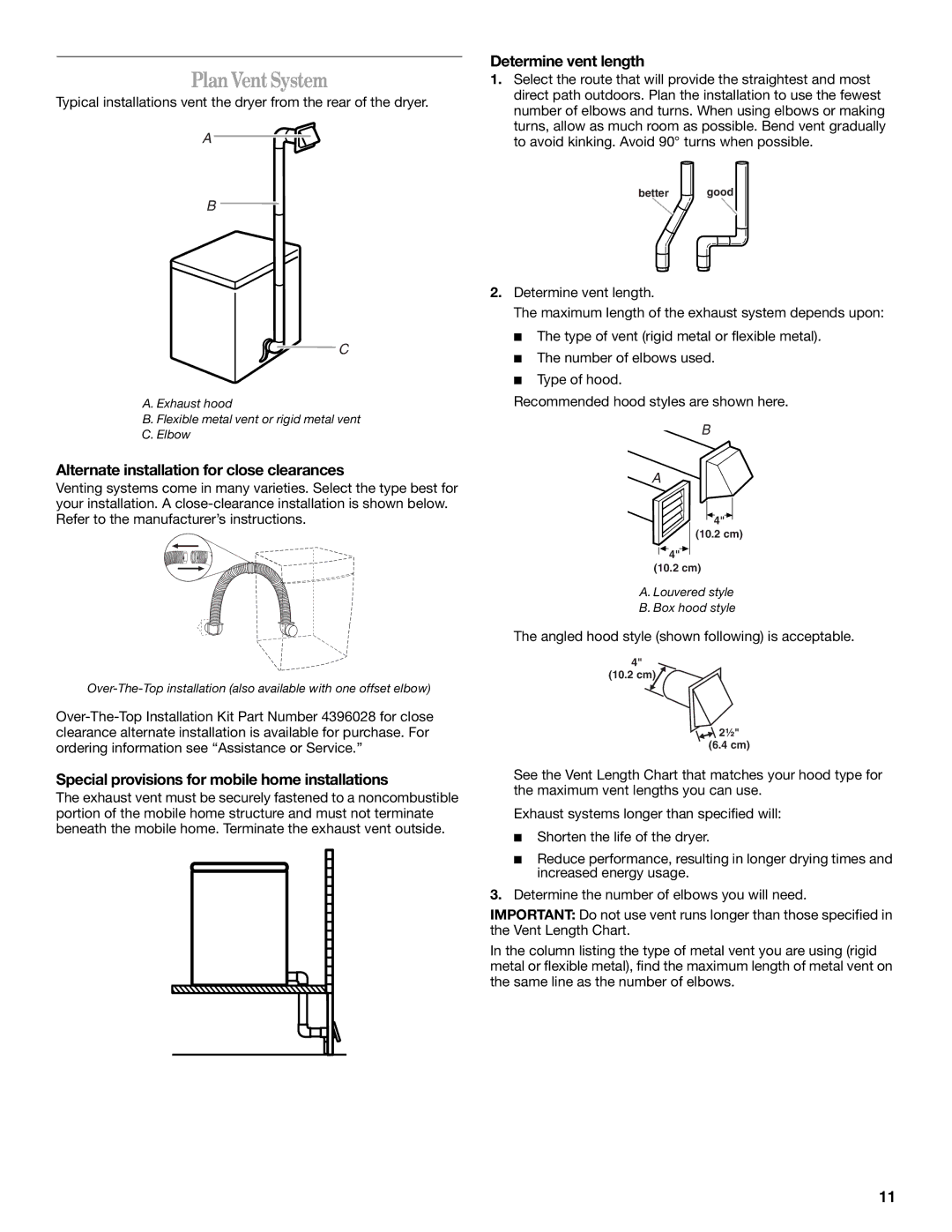 Whirlpool 240-VOLT ELECTRIC DRYER Plan VentSystem, Alternate installation for close clearances, Determine vent length 