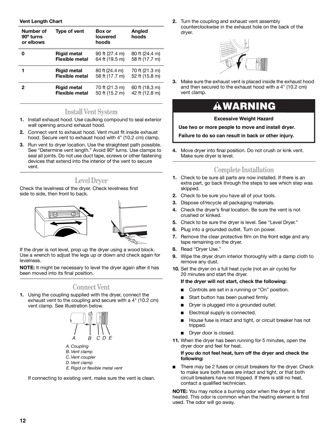 Whirlpool 240-VOLT ELECTRIC DRYER manual Install VentSystem, LevelDryer, ConnectVent, CompleteInstallation 