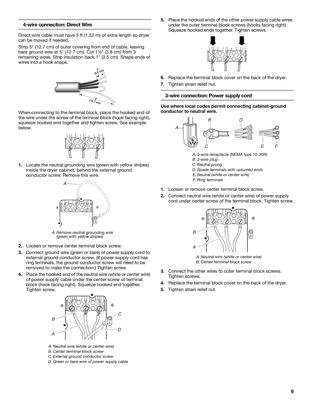 Whirlpool 240-VOLT ELECTRIC DRYER manual Wire connection Direct Wire, Ce F 