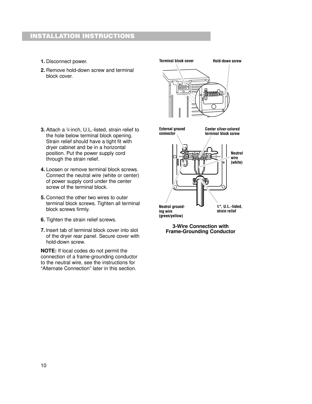 Whirlpool 240-volt installation instructions Wire Connection with Frame-Grounding Conductor, Hold-down screw 