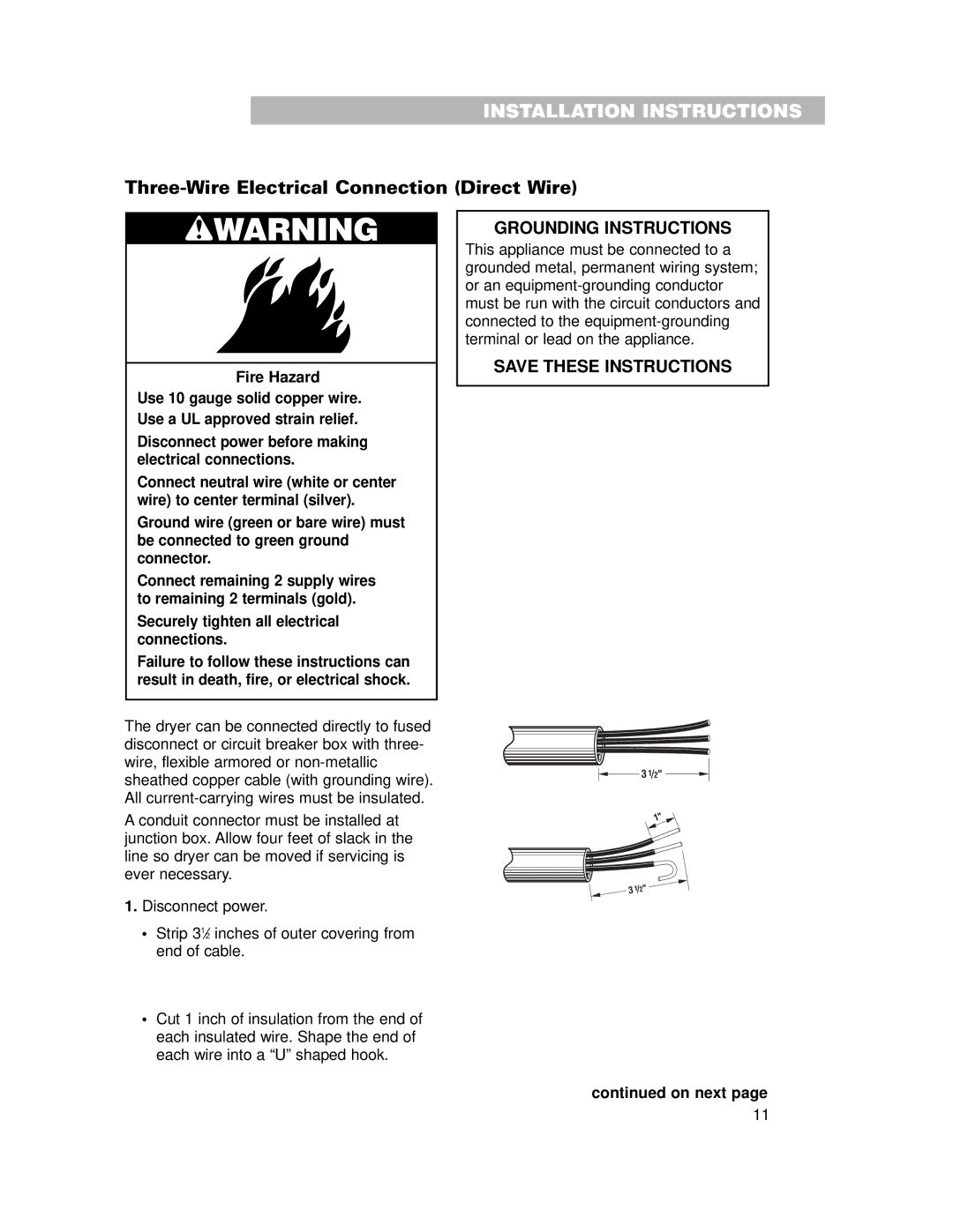 Whirlpool 240-volt installation instructions Three-Wire Electrical Connection Direct Wire, On next 