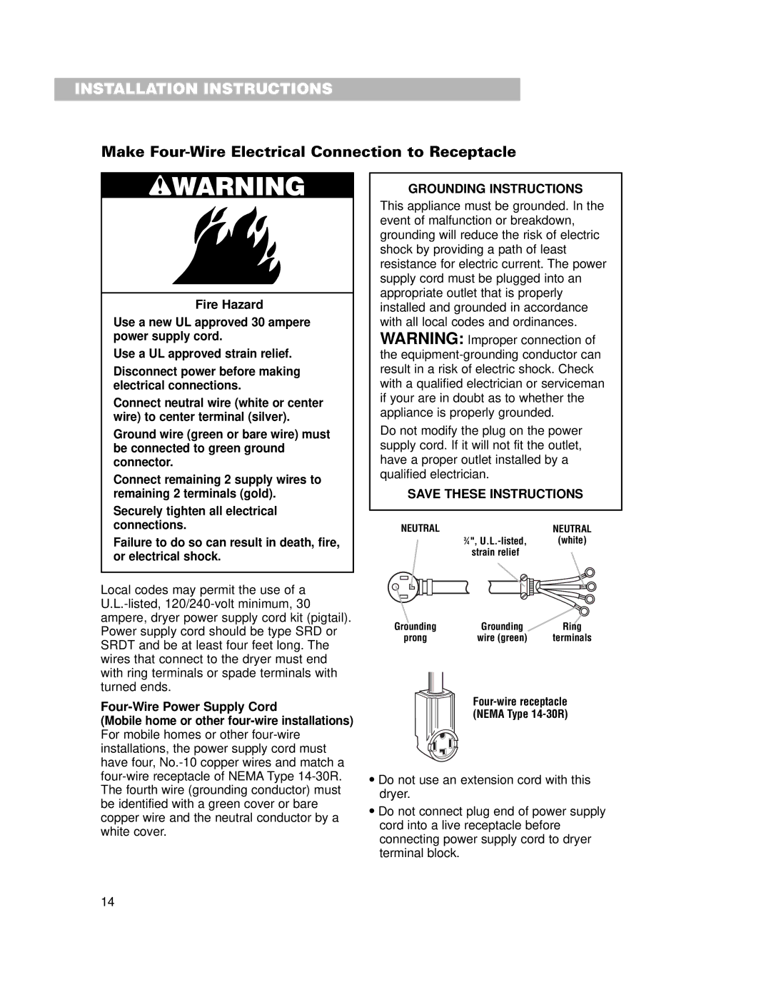 Whirlpool 240-volt installation instructions Make Four-Wire Electrical Connection to Receptacle, Grounding Instructions 