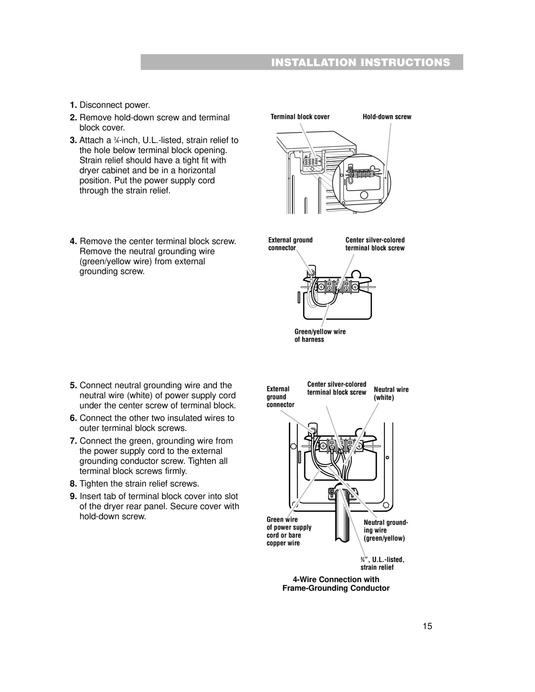 Whirlpool 240-volt installation instructions Wire Connection with Frame-Grounding Conductor 