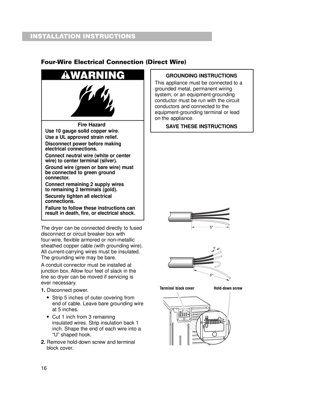 Whirlpool 240-volt installation instructions Four-Wire Electrical Connection Direct Wire, Fire Hazard 